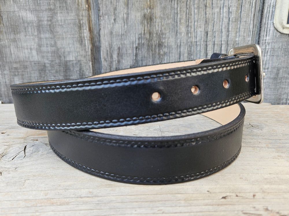 Burywood 1 1/4" black leather belt with brushed nickel buckle, side view