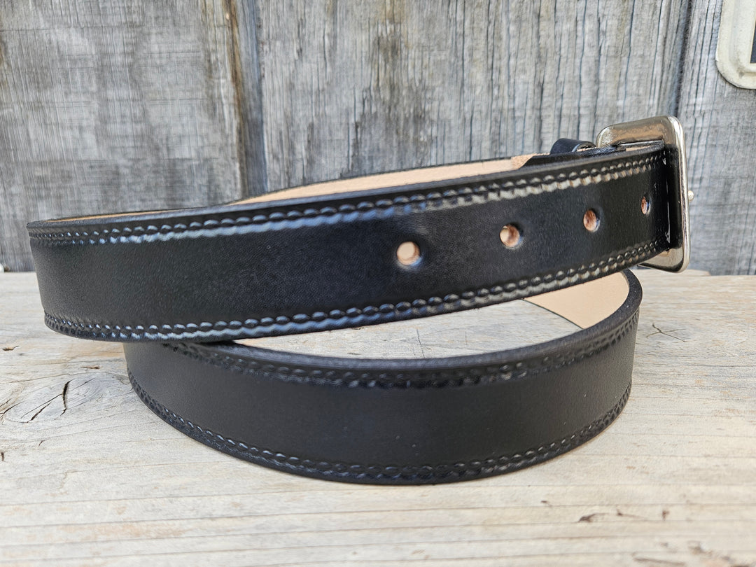 Burywood 1 1/4" black leather belt with brushed nickel buckle, side view