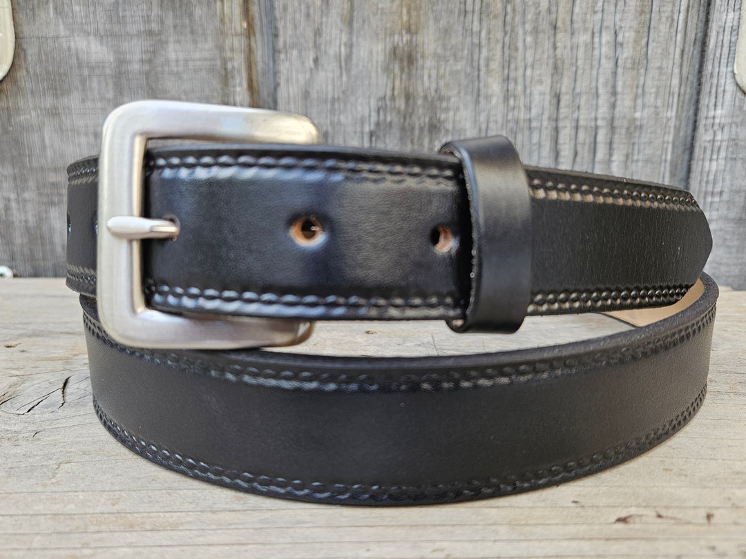Burywood black leather belt with brushed nickel buckle