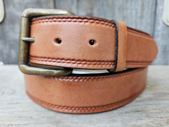 Burywood Whiskey tan leather belt with antique brass roller buckle