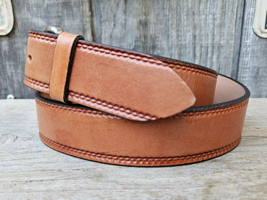 Side view of Burywood leather belt embossed oval edge pattern
