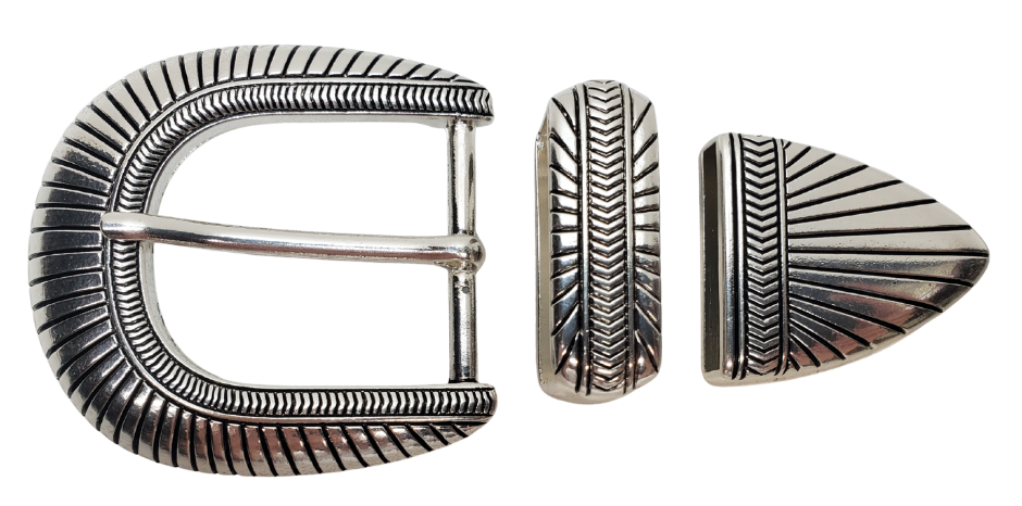 Fits 1 1/2" width belts
South West scroll design
Zinc die cast set, Antiqued silver plate

Sold by set only, Tip includes 2 set screws for attaching to belt
Stocked at our Smyrna, TN shop