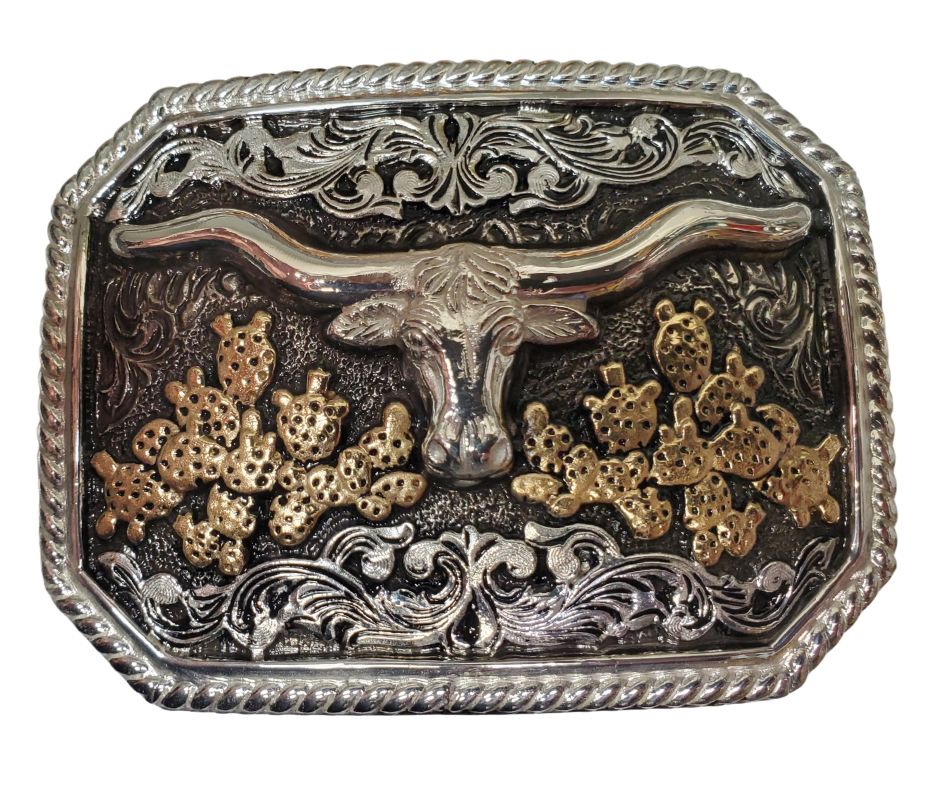 Experience the nostalgia of 1800's cattle drives with the Cactus Longhorn buckle. Its timeless design pays tribute to classic icons of the old west. This rectangular shape, clipped corners and a rope edge is comfortable on your midsection. The antique silver scroll pattern and Prickly pear cactus with a Longhorn motif make this a must-have for any Western fan. Fits 1 1/2" belt. You can easily purchase it online or visit our shop in Smyrna, TN near Nashville.