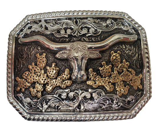 Experience the nostalgia of 1800's cattle drives with the Cactus Longhorn buckle. Its timeless design pays tribute to classic icons of the old west. This rectangular shape, clipped corners and a rope edge is comfortable on your midsection. The antique silver scroll pattern and Prickly pear cactus with a Longhorn motif make this a must-have for any Western fan. Fits 1 1/2" belt. You can easily purchase it online or visit our shop in Smyrna, TN near Nashville.