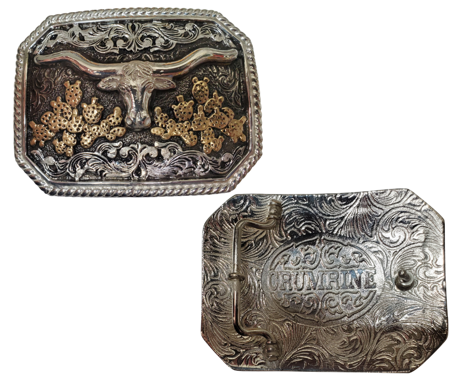 Experience the nostalgia of 1800's cattle drives with the Cactus Longhorn buckle. Its timeless design pays tribute to classic icons of the old west. This rectangular shape, clipped corners and a rope edge is comfortable on your midsection. The antique silver scroll pattern and Prickly pear cactus with a Longhorn motif make this a must-have for any Western fan. Fits 1 1/2" belt. You can easily purchase it online or visit our shop in Smyrna, TN near Nashville.