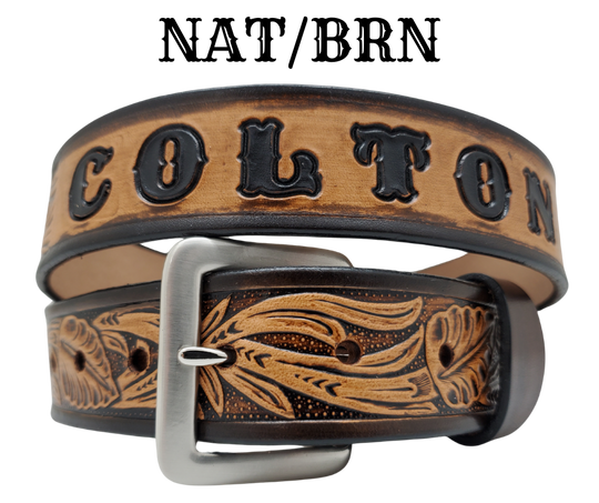 Get ready for the Rodeo adventure of The "Calgary" Name Belt! This one-of-a-kind belt features a 1 1/2" width and is hand-stained with a strip of vegetable tanned leather. The design includes a Classic Tooled Vine center pattern, while the solid brass buckle in antique nickel finish adds a touch of ruggedness. Handcrafted at our shop in Smyrna, Tennessee, just outside Nashville.