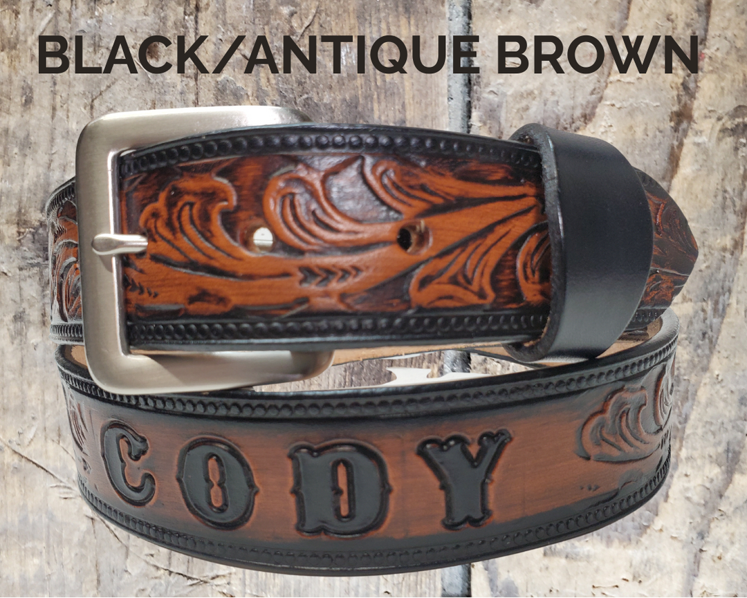 Calgary handmade Western leather belt with leaf and vine pattern
