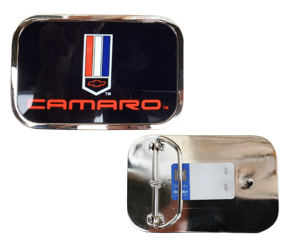 Officially licensed by by GM General Motors. This Chevy Camaro Logo Black Belt Buckle. Built with durable craftsmanship and a polished finish, perfect for Hot Rod enthusiasts who want to wear their loyalty with western-inspired confidence. Made in the USA. You can find it in our shop conveniently located in Smyrna, TN, just outside of Nashville.

Features:
-Durable metal composition for long-lasting wear
-Measures 3.6 x 2.38 inches
-Fits a 1.5-inch wide belt
-USA made and officially licensed by GM Motors
