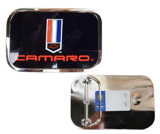 Officially licensed by by GM General Motors. This Chevy Camaro Logo Black Belt Buckle. Built with durable craftsmanship and a polished finish, perfect for Hot Rod enthusiasts who want to wear their loyalty with western-inspired confidence. Made in the USA. You can find it in our shop conveniently located in Smyrna, TN, just outside of Nashville.

Features:
-Durable metal composition for long-lasting wear
-Measures 3.6 x 2.38 inches
-Fits a 1.5-inch wide belt
-USA made and officially licensed by GM Motors