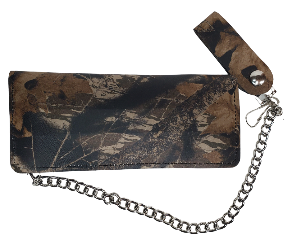Classic Long Style Chain Wallet in a CAMO pattern.  2 Main Cash Slots for all your important stash and or receipts and your extra cards, 1 zipper pocket, 1 card slot on the top inside, 1 middle smaller slot. It's USA made and Buckle and Hide approved. A little over 7" in length. 2 snap closure. Complete with an 12" chrome plated chain including leather belt loop. Like most wallets over stuffing will limit the time of use. Colors may vary slightly from picture. 