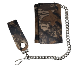 Camo pattern all leather Tri-fold Chain Wallet.  1 Cash Slot for all your important stash, 3 card slots and 1 underneath the middle slot. It's USA made and Buckle and Hide approved. Approx. 3"x 4" folded. 2 snap closure. Complete with an 12" chrome plated chain including leather belt loop. Available in our Smyrna, TN shop a short drive from downtown Nashville. Like most wallets over stuffing will limit the time of use. Colors may vary from picture. 