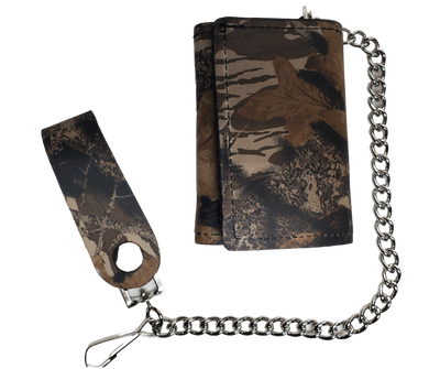 Camo pattern all leather Tri-fold Chain Wallet.  1 Cash Slot for all your important stash, 3 card slots and 1 underneath the middle slot. It's USA made and Buckle and Hide approved. Approx. 3"x 4" folded. 2 snap closure. Complete with an 12" chrome plated chain including leather belt loop. Available in our Smyrna, TN shop a short drive from downtown Nashville. Like most wallets over stuffing will limit the time of use. Colors may vary from picture. 