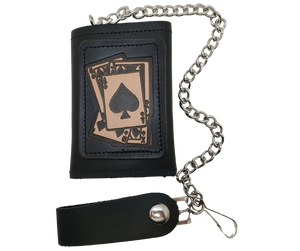 <span>Spade card hand pattern Leather Patch all leather Tri-fold Chain Wallet. 1 Cash Slot for all your important stash, 3 card slots and 1 underneath the middle slot. It's</span><em data-mce-fragment="1"><strong data-mce-fragment="1">&nbsp;USA made&nbsp;</strong></em><span>and Buckle and Hide approved. Approx. 3"x 4" folded. 2 snap closure. Complete with an 12" chrome plated chain including leather belt loop. Available in our Smyrna, TN shop a short drive from downtown Nashville.</span>