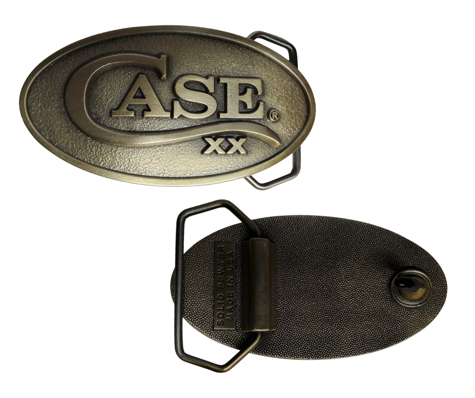 This CASE XX buckle in Antique Brass is the perfect complement for a 1 1/2" belt. Its oval shape has a subtle profile, with dimensions of approx. 3 7/8" wide and 2 1/2" tall. This buckle is proudly made in the USA and is available to purchase from our Smyrna, TN shop.