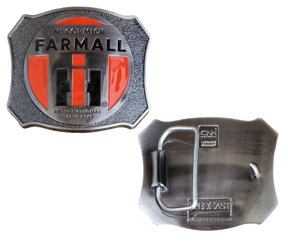 back view - Farmall International Harvester Belt Buckle, Shield shaped with classic logo in Red, Black on antique Silver background. Size approx. 3 3/4" wide x 2 3/4" height, Fits up to 1 1/2" wide belts. Available in our shop in Smyrna, TN just outside Nashville as well as from this online store.
