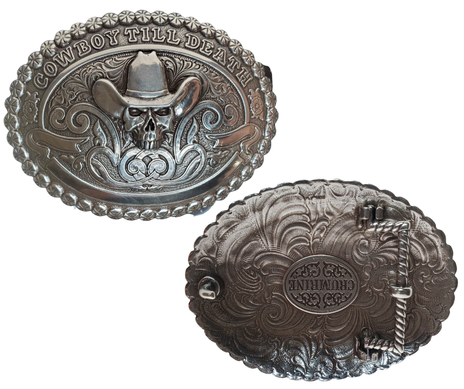 Treat your Cowboy Ways to something special. Our "Cowboy till Death" buckle has the classic vibes - scrolls, beaded edge, and a skull wearing a hat! Show your loyalty to the West! Measuring 2 1/2" tall x 3 1/2" wide, get it online or at our shop in Smyrna, TN, outside Nashville. Imported.