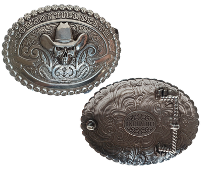 Treat your Cowboy Ways to something special. Our "Cowboy till Death" buckle has the classic vibes - scrolls, beaded edge, and a skull wearing a hat! Show your loyalty to the West! Measuring 2 1/2" tall x 3 1/2" wide, get it online or at our shop in Smyrna, TN, outside Nashville. Imported.