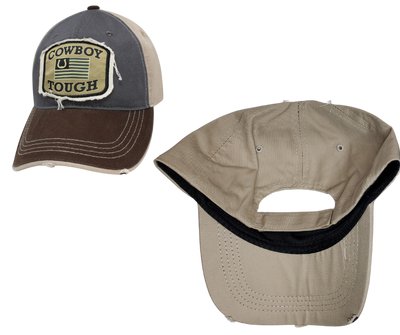 Wear your American Horseshoe Flag Cowboy Tough Distressed Embroidered Trucker Cap with pride! The Charcoal twill front and Tan back feature a Flag graphic with a Brown stitched bill, plus an adjustable snap strap to perfectly fit any size head. Take a short trip outside Nashville to our Smyrna, TN shop and get yours now!  COLOR: TAN/GREY/BROWN