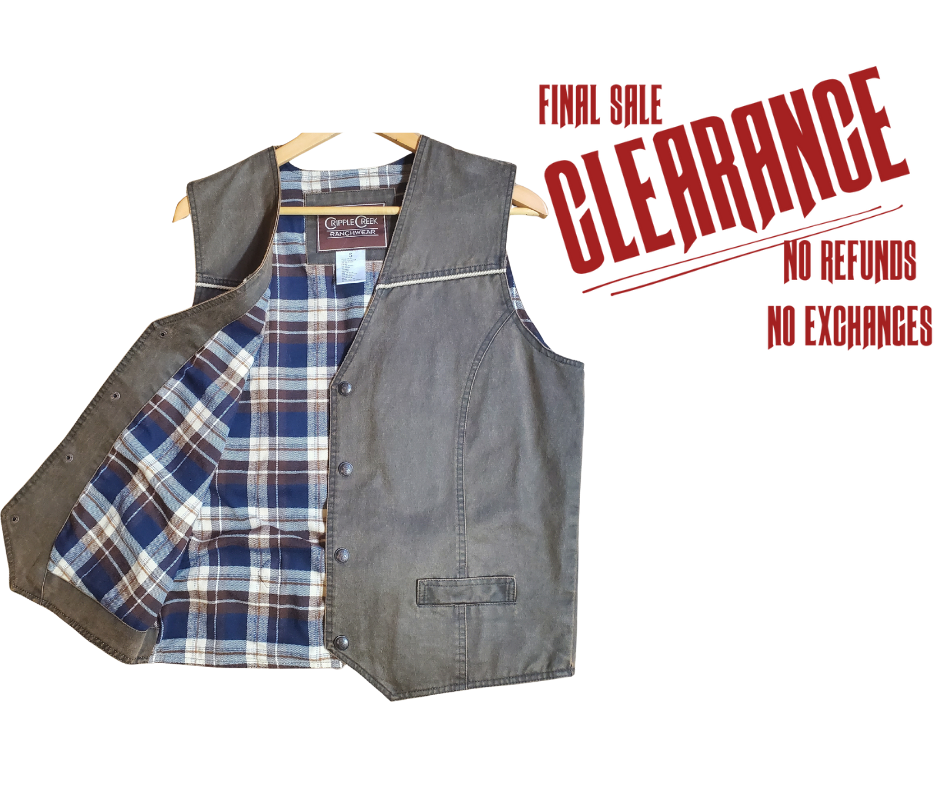 Western style work vest. Has the Look of distressed leather but it's Cloth!&nbsp;1 inside pocket and 2 smaller front hand pockets. Limited stock at our Smyrna, TN shop.