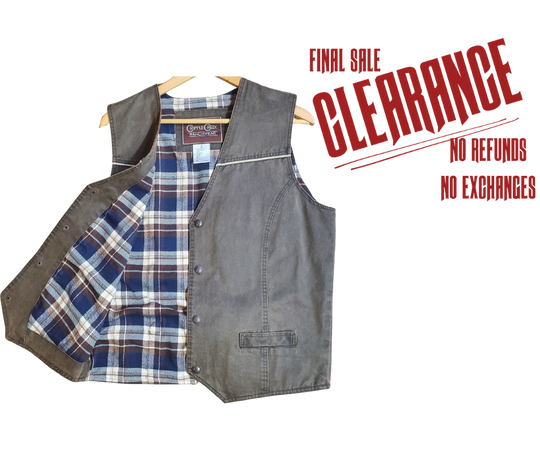 Western style work vest. Has the Look of distressed leather but it's Cloth!&nbsp;1 inside pocket and 2 smaller front hand pockets. Limited stock at our Smyrna, TN shop.