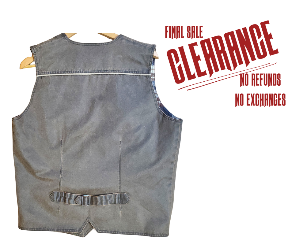 Western style work vest. Has the Look of distressed leather but it's Cloth!&nbsp;1 inside pocket and 2 smaller front hand pockets. Limited stock at our Smyrna, TN shop.