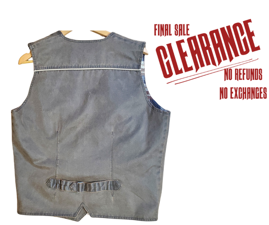 Western style work vest. Has the Look of distressed leather but it's Cloth!&nbsp;1 inside pocket and 2 smaller front hand pockets. Limited stock at our Smyrna, TN shop.