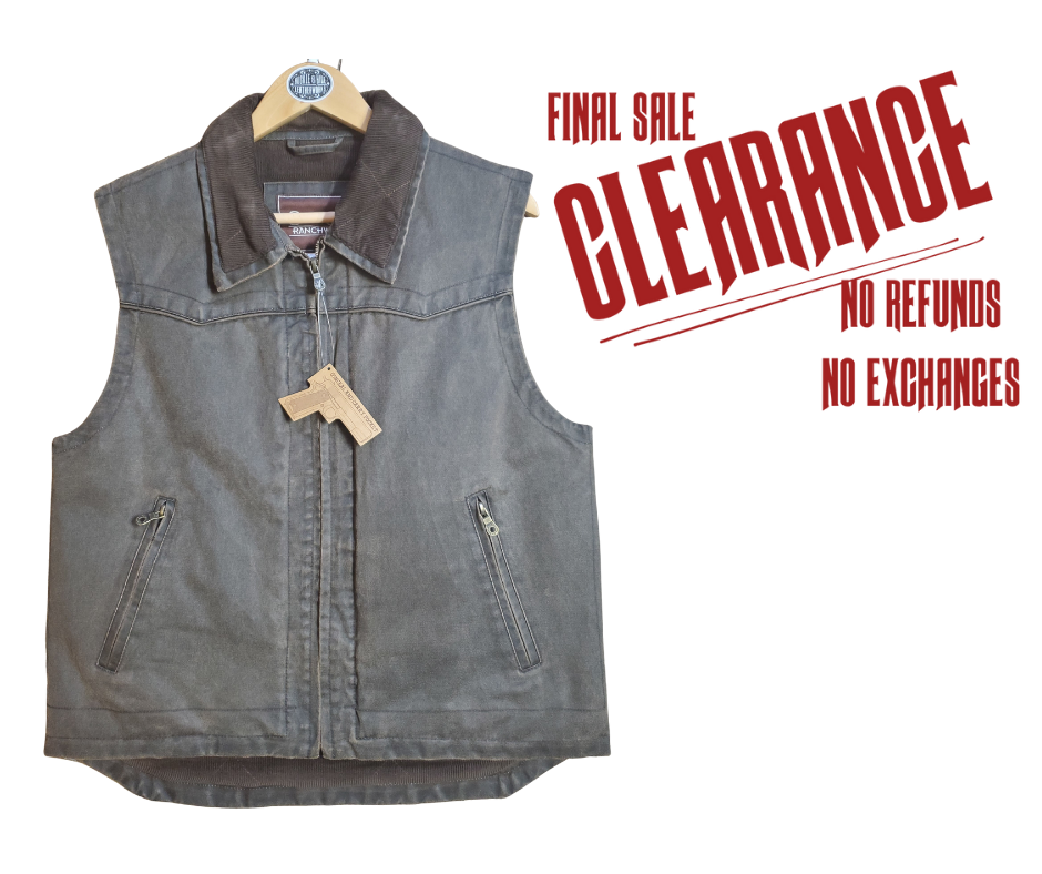 Western style work vest. Has the Look of distressed leather but it's Cloth! 2 inside pocket and 2 smaller front hand pockets. Corduroy lined and neck lined. Limited stock at our Smyrna, TN shop.