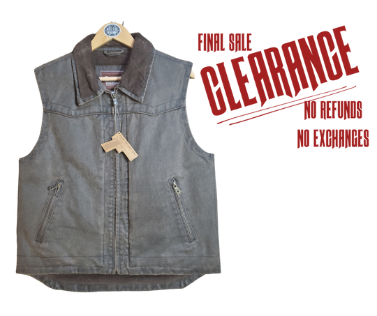 Western style work vest. Has the Look of distressed leather but it's Cloth! 2 inside pocket and 2 smaller front hand pockets. Corduroy lined and neck lined. Limited stock at our Smyrna, TN shop.