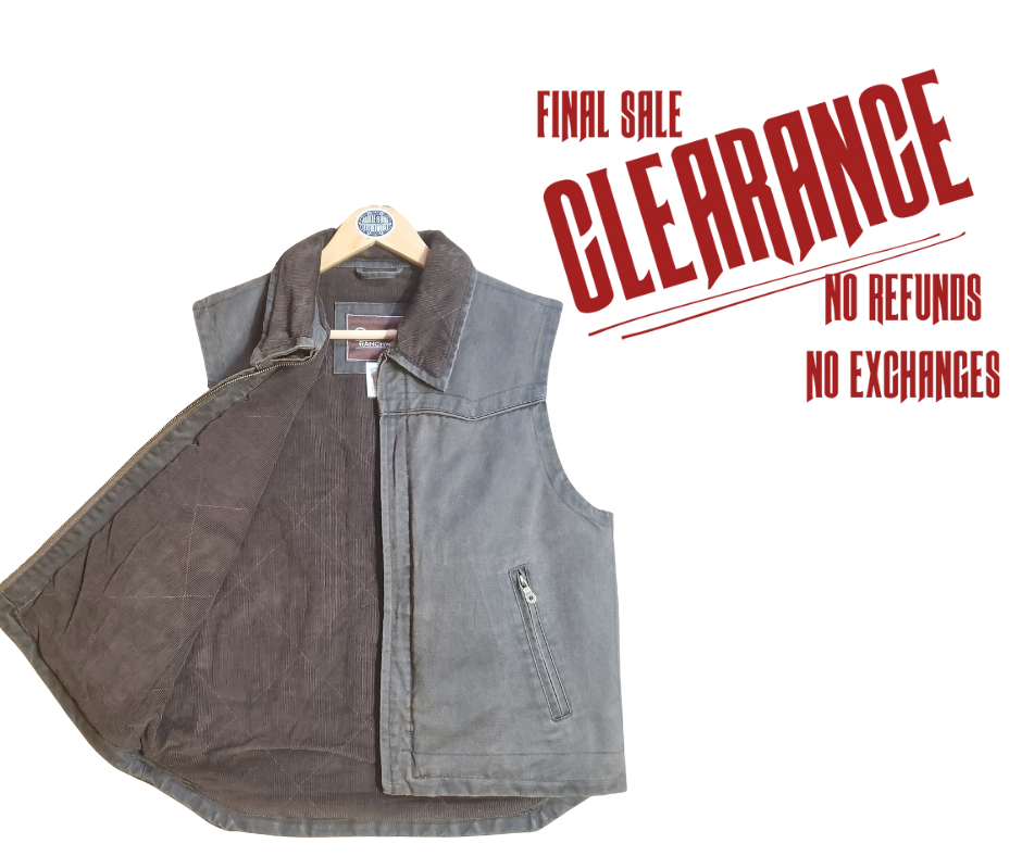 Western style work vest. Has the Look of distressed leather but it's Cloth! 2 inside pocket and 2 smaller front hand pockets. Corduroy lined and neck lined. Limited stock at our Smyrna, TN shop.