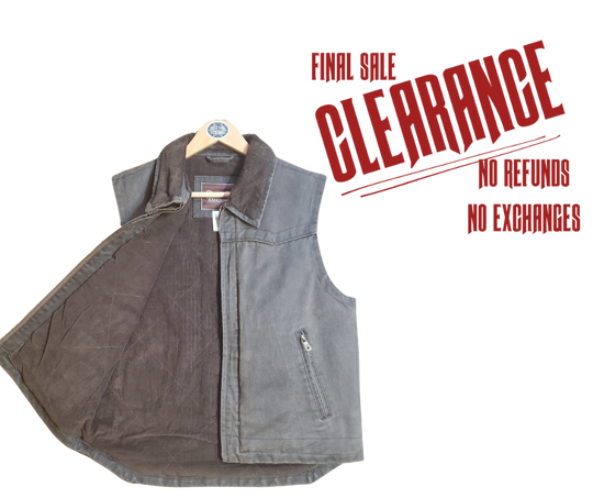 Western style work vest. Has the Look of distressed leather but it's Cloth! 2 inside pocket and 2 smaller front hand pockets. Corduroy lined and neck lined. Limited stock at our Smyrna, TN shop.
