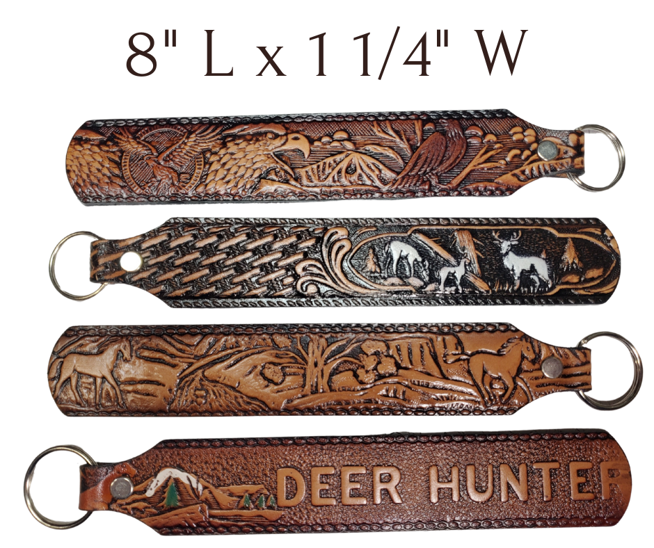 Long Leather embossed Key Fobs that are made in our Smyrna, TN shop. Longer length makes them easier to find in your bag or pocket. Choose popular Designs.

Size is 8"L x 1 1/4" Designs may vary from picture slightly