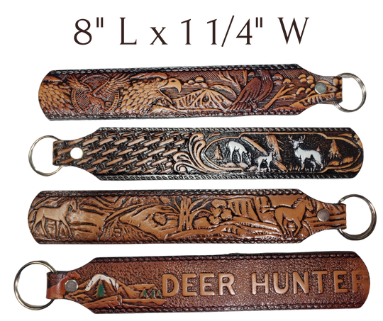 Long Leather embossed Key Fobs that are made in our Smyrna, TN shop. Longer length makes them easier to find in your bag or pocket. Choose popular Designs.

Size is 8"L x 1 1/4" Designs may vary from picture slightly