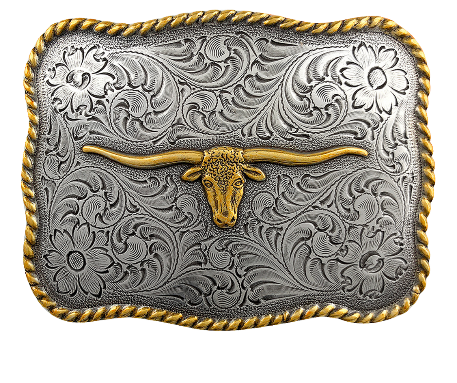 Bring iconic Western Texas Longhorn to your outfit with this classic belt buckle. Works with any leather snap-on belt from this site, or make your own for a custom look. Measurement: 3 1/8" x 2 3/8"; Fits 1 1/2" belts. Featuring a finish with antique-plated zinc with brass accented finish! Pick yours up at our Smyrna, TN shop a short Bull ride from downtown Nashville!