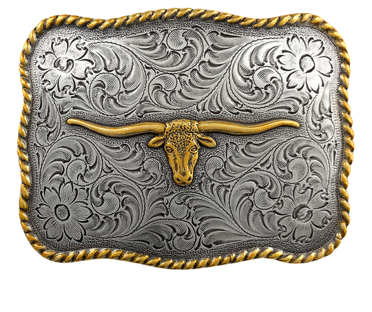 Bring iconic Western Texas Longhorn to your outfit with this classic belt buckle. Works with any leather snap-on belt from this site, or make your own for a custom look. Measurement: 3 1/8" x 2 3/8"; Fits 1 1/2" belts. Featuring a finish with antique-plated zinc with brass accented finish! Pick yours up at our Smyrna, TN shop a short Bull ride from downtown Nashville!