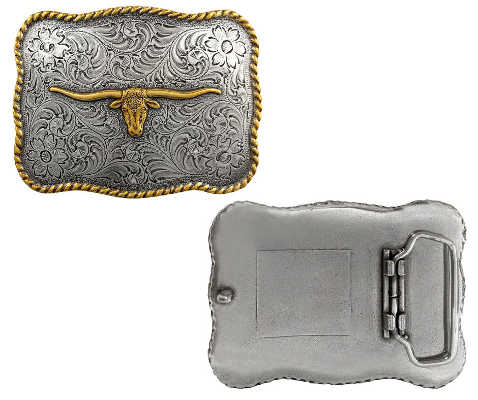 Bring iconic Western Texas Longhorn to your outfit with this classic belt buckle. Works with any leather snap-on belt from this site, or make your own for a custom look. Measurement: 3 1/8" x 2 3/8"; Fits 1 1/2" belts. Featuring a finish with antique-plated zinc with brass accented finish! Pick yours up at our Smyrna, TN shop a short Bull ride from downtown Nashville!