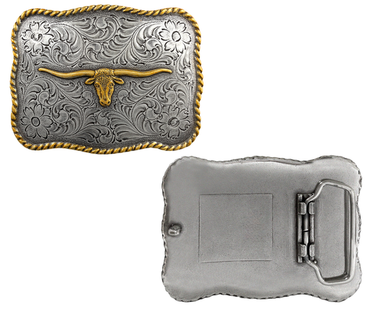 Bring iconic Western Texas Longhorn to your outfit with this classic belt buckle. Works with any leather snap-on belt from this site, or make your own for a custom look. Measurement: 3 1/8" x 2 3/8"; Fits 1 1/2" belts. Featuring a finish with antique-plated zinc with brass accented finish! Pick yours up at our Smyrna, TN shop a short Bull ride from downtown Nashville!