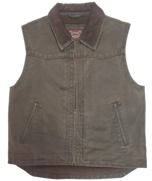 This Western influenced designed men's Ranchwear work vest is made from enzyme washed Leather look material that's 72% cotton / 28% polyester. The open bottom, zip front, and the cord collar keeps your warm on those cold days  It features a carry conceal pocket, and is available in stock at our Smyrna TN shop. This vest offers that Ranch look even if you live downtown Nashville. 