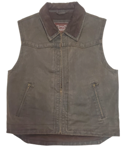 This Western influenced designed men's Ranchwear work vest is made from enzyme washed Leather look material that's 72% cotton / 28% polyester. The open bottom, zip front, and the cord collar keeps your warm on those cold days  It features a carry conceal pocket, and is available in stock at our Smyrna TN shop. This vest offers that Ranch look even if you live downtown Nashville. 