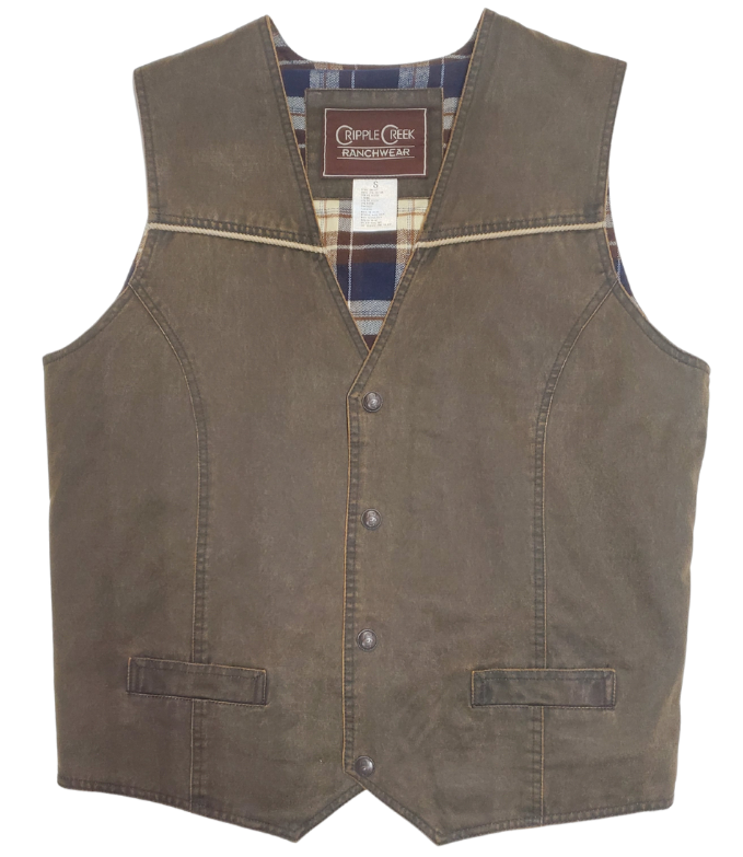 This Western influenced designed men's Ranchwear work vest is made from enzyme washed Leather look material that's 72% cotton / 28% polyester. The snap front, and the cord piping offers the right amount of the Ranch western look.  It's available in S-3XL and is stocked at our Smyrna TN shop. This vest offers that Ranch look even if you live downtown Nashville. 