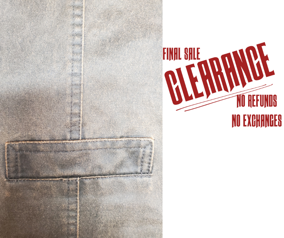 Western style work vest. Has the Look of distressed leather but it's Cloth!&nbsp;1 inside pocket and 2 smaller front hand pockets. Limited stock at our Smyrna, TN shop.