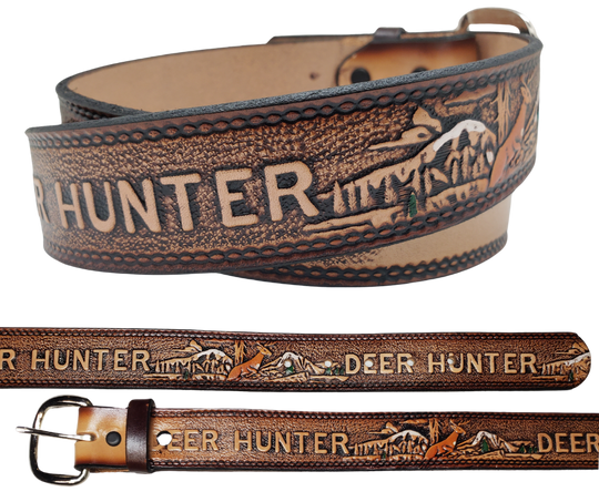 This Buck Fever all leather Name belt features a Deer Hunting pattern in an antiqued finish with a 1 1/2" width. It is crafted from full grain veg-tanned cowhide, with smooth burnished painted edges and a nickel-plated buckle. For customizing, simply type your desired name or No Name in the "Type Name Here" section, the buckle can be easily interchanged as well. This product is in stock at our Smyrna, TN shop.