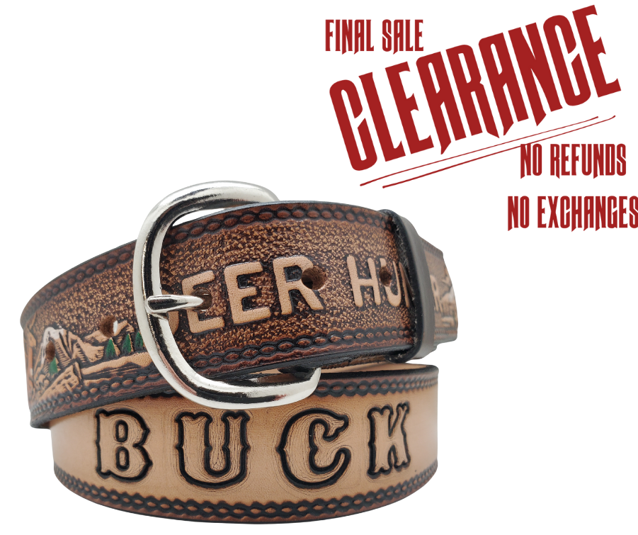 This Buck Fever all leather Name belt features a Deer Hunting pattern in an antiqued finish with a 1 1/2" width. It is crafted from full grain veg-tanned cowhide, with smooth burnished painted edges and a nickel-plated buckle. For customizing, simply type your desired name or No Name in the "Type Name Here" section, the buckle can be easily interchanged as well. This product is in stock at our Smyrna, TN shop.