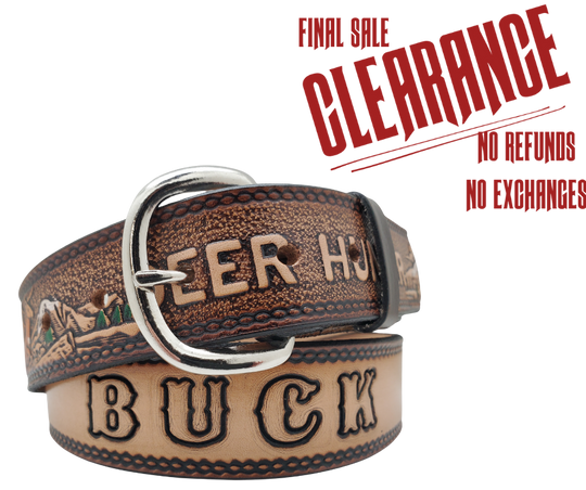 This Buck Fever all leather Name belt features a Deer Hunting pattern in an antiqued finish with a 1 1/2" width. It is crafted from full grain veg-tanned cowhide, with smooth burnished painted edges and a nickel-plated buckle. For customizing, simply type your desired name or No Name in the "Type Name Here" section, the buckle can be easily interchanged as well. This product is in stock at our Smyrna, TN shop.