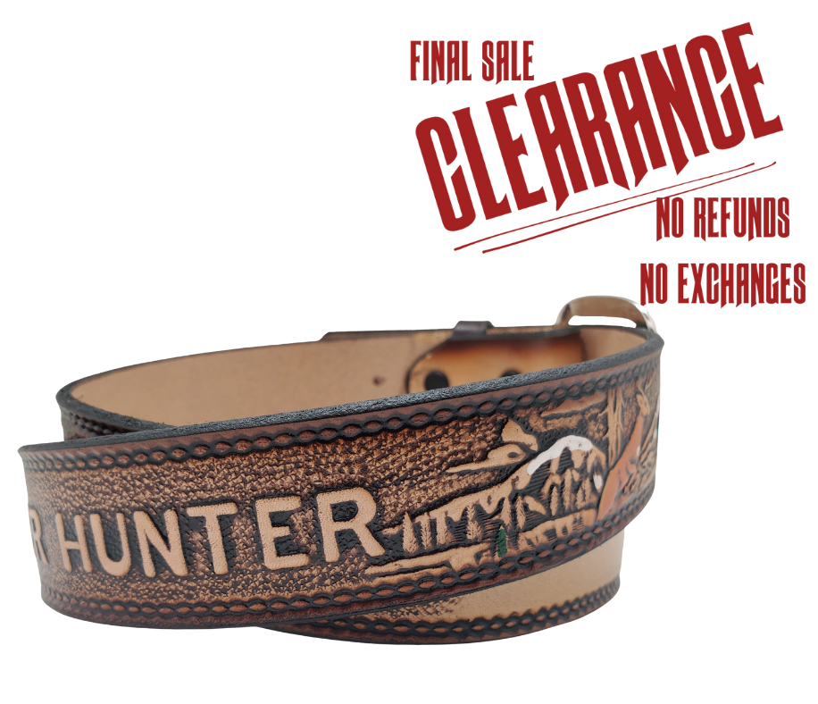This Buck Fever all leather Name belt features a Deer Hunting pattern in an antiqued finish with a 1 1/2" width. It is crafted from full grain veg-tanned cowhide, with smooth burnished painted edges and a nickel-plated buckle. For customizing, simply type your desired name or No Name in the "Type Name Here" section, the buckle can be easily interchanged as well. This product is in stock at our Smyrna, TN shop.
