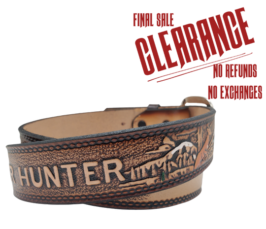 This Buck Fever all leather Name belt features a Deer Hunting pattern in an antiqued finish with a 1 1/2" width. It is crafted from full grain veg-tanned cowhide, with smooth burnished painted edges and a nickel-plated buckle. For customizing, simply type your desired name or No Name in the "Type Name Here" section, the buckle can be easily interchanged as well. This product is in stock at our Smyrna, TN shop.