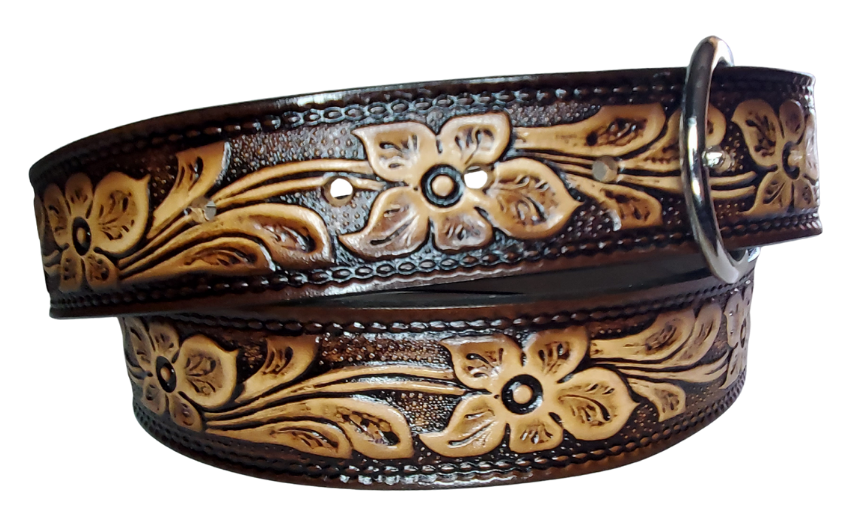 The Dogwood leather belt is the Iconic Flower Pattern with Brown fade into a Natural Leather finish. Available in a 1 1/2" width. Full grain vegetable tanned cowhide, Width 1 1/2" and includes Nickle plated  buckle Smooth burnished painted edges. Made in USA! For name Type name or No Name in "Type Name Here" section. Buckle snaps in place for easy changing if desired. In stock at our Smyrna, TN shop.
