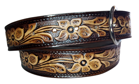 The Dogwood leather belt is the Iconic Flower Pattern with Brown fade into a Natural Leather finish. Available in a 1 1/2" width. Full grain vegetable tanned cowhide, Width 1 1/2" and includes Nickle plated  buckle Smooth burnished painted edges. Made in USA! For name Type name or No Name in "Type Name Here" section. Buckle snaps in place for easy changing if desired. In stock at our Smyrna, TN shop.