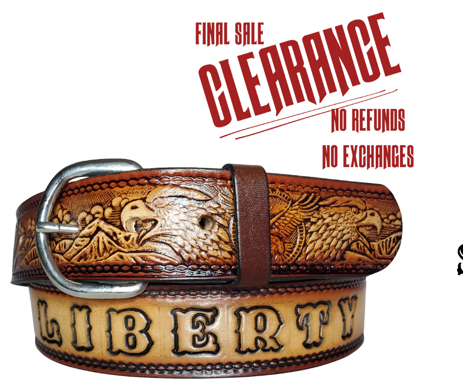 This All American Eagle leather belt features Wild Eagles in an antiqued Brown finish with a 1 1/2" width. It is crafted from full grain veg-tanned cowhide, with smooth burnished painted edges and a nickel-plated buckle. For customizing, simply type your desired name or No Name in the "Type Name Here" section,  the buckle can be easily interchanged as well. This product is in stock at our Smyrna, TN shop