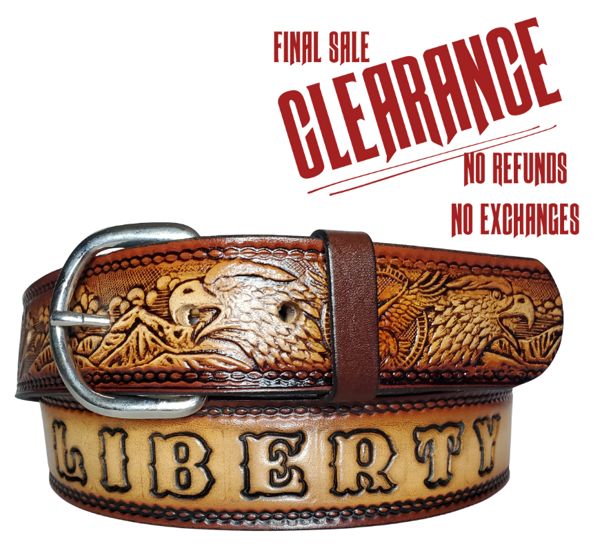 This All American Eagle leather belt features Wild Eagles in an antiqued Brown finish with a 1 1/2" width. It is crafted from full grain veg-tanned cowhide, with smooth burnished painted edges and a nickel-plated buckle. For customizing, simply type your desired name or No Name in the "Type Name Here" section,  the buckle can be easily interchanged as well. This product is in stock at our Smyrna, TN shop