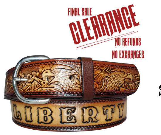 This All American Eagle leather belt features Wild Eagles in an antiqued Brown finish with a 1 1/2" width. It is crafted from full grain veg-tanned cowhide, with smooth burnished painted edges and a nickel-plated buckle. For customizing, simply type your desired name or No Name in the "Type Name Here" section,  the buckle can be easily interchanged as well. This product is in stock at our Smyrna, TN shop